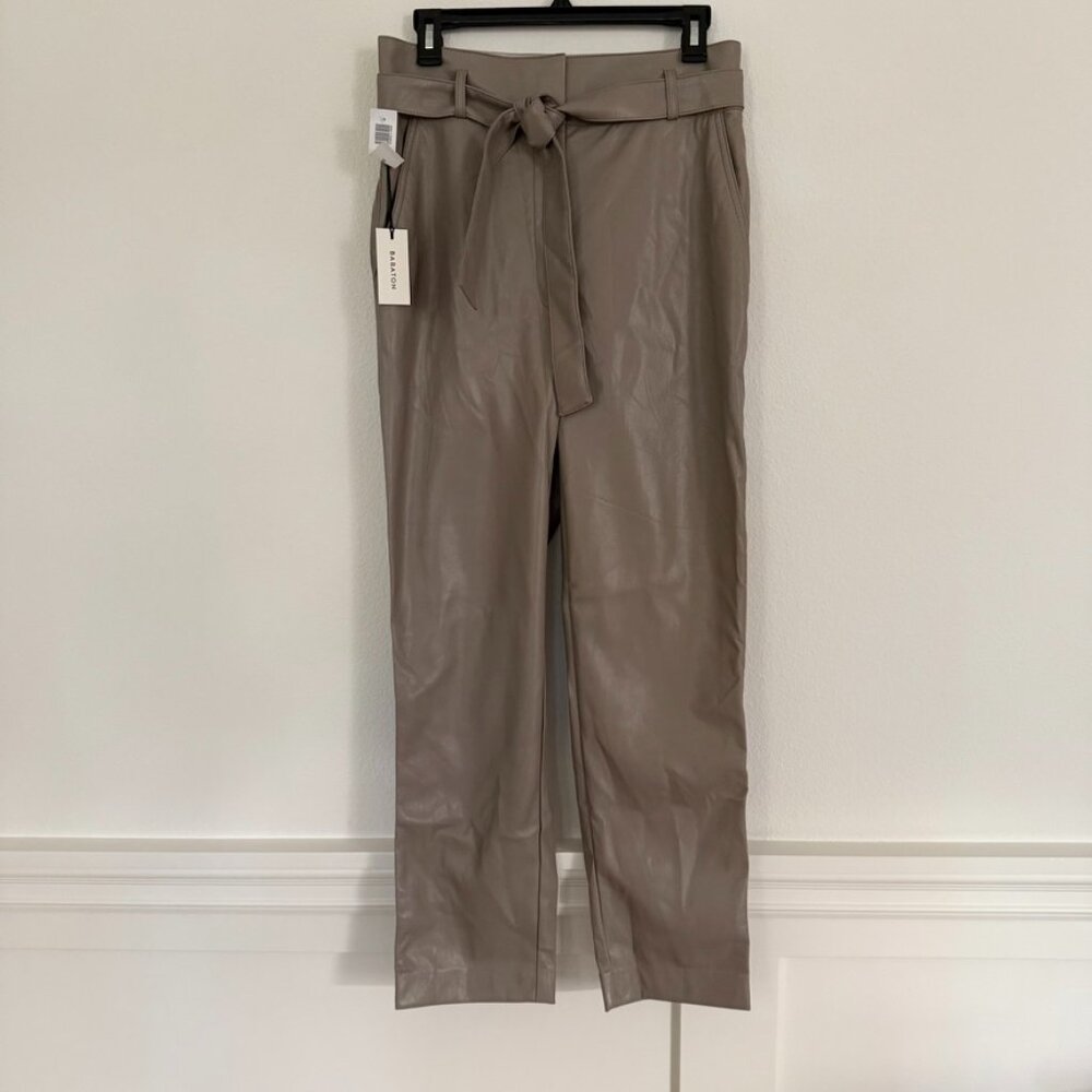 NWT Aritzia Babaton Tie Waist Grey Vegan Leather Cropped Pants Size 8 - Picture 3 of 9